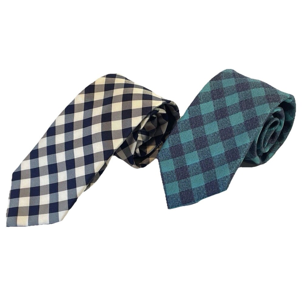 Tommy Hilfiger Men’s Neck Tie Lot Of 2 Plaid Silk & Blend Black White Blue 57”